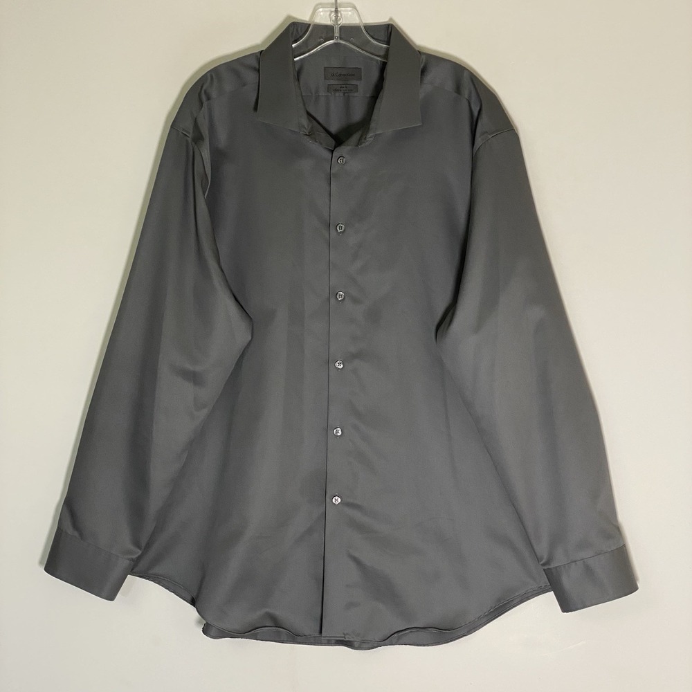 Calvin Klein Dress Shirt Mens 18.5 34/35 2XL Slim Fit Gray Wrinkle Free Cotton